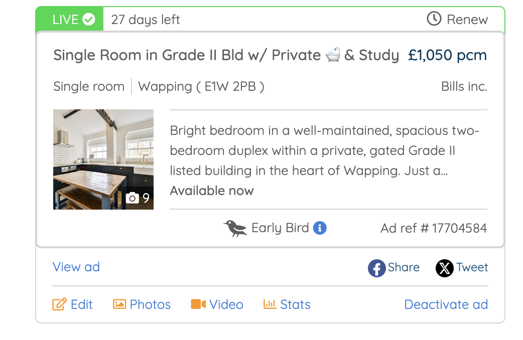 Listing a Spare Room in Bridewell Place